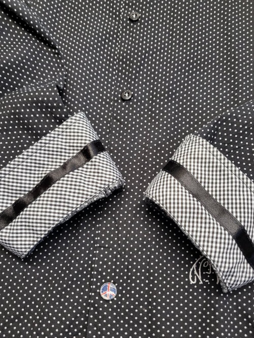 John Lennon Shirt Button Down Mens XL Long Sleeves Flip Cuff Black Dotted